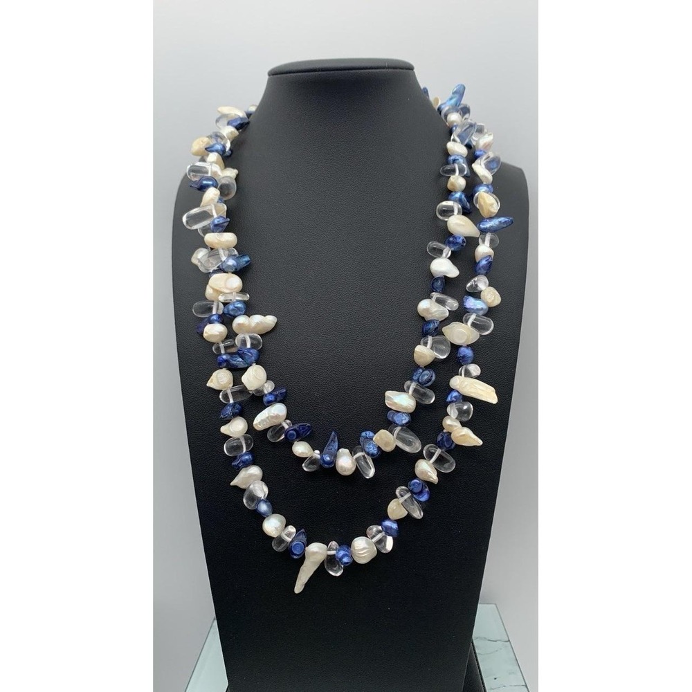 Handmade White & Blue Dyed Freshwater Baroque Pearl Necklace With Clear Glass